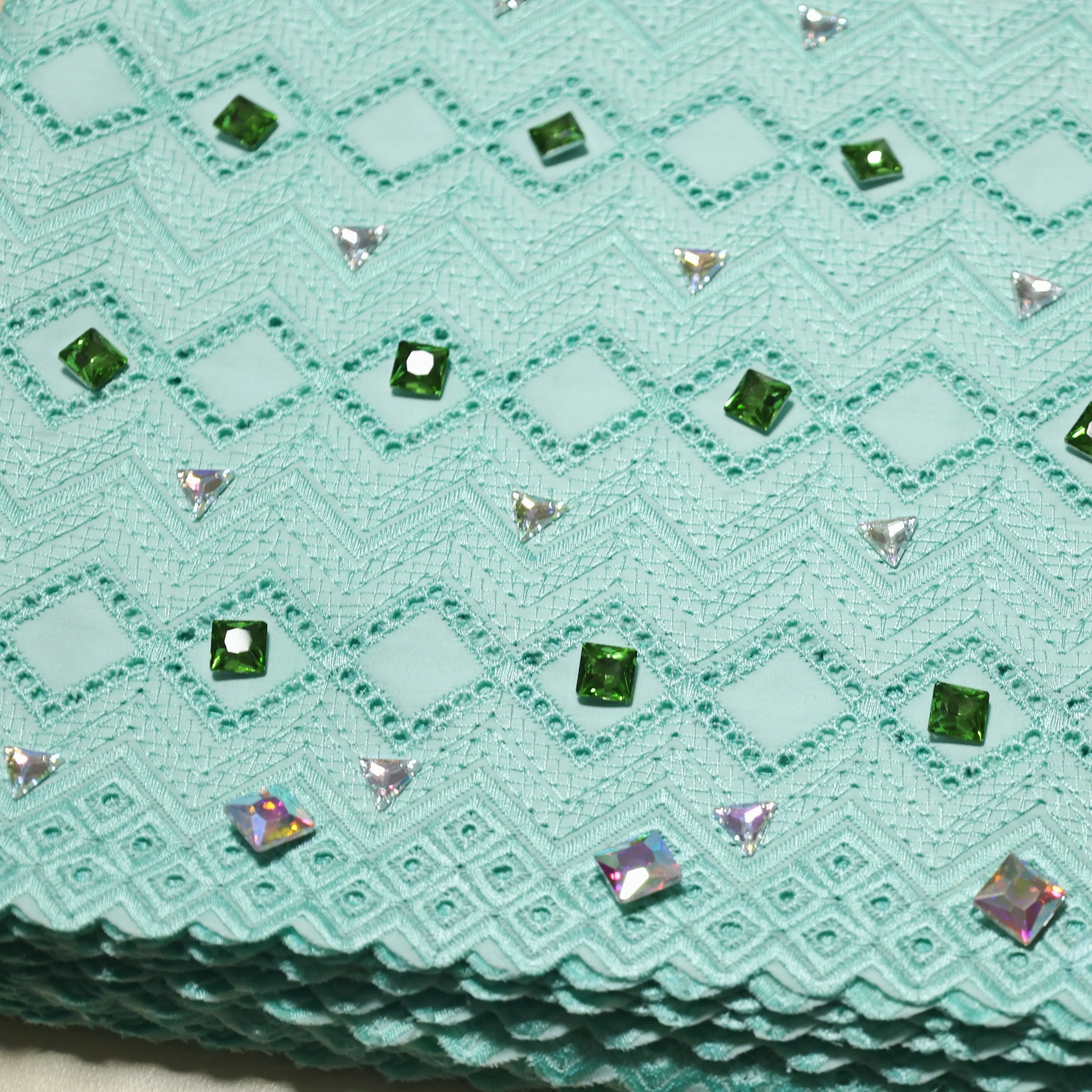 Exclusive Cotton Voile Green Swiss Lace Fabric With Crystal Blazelace
