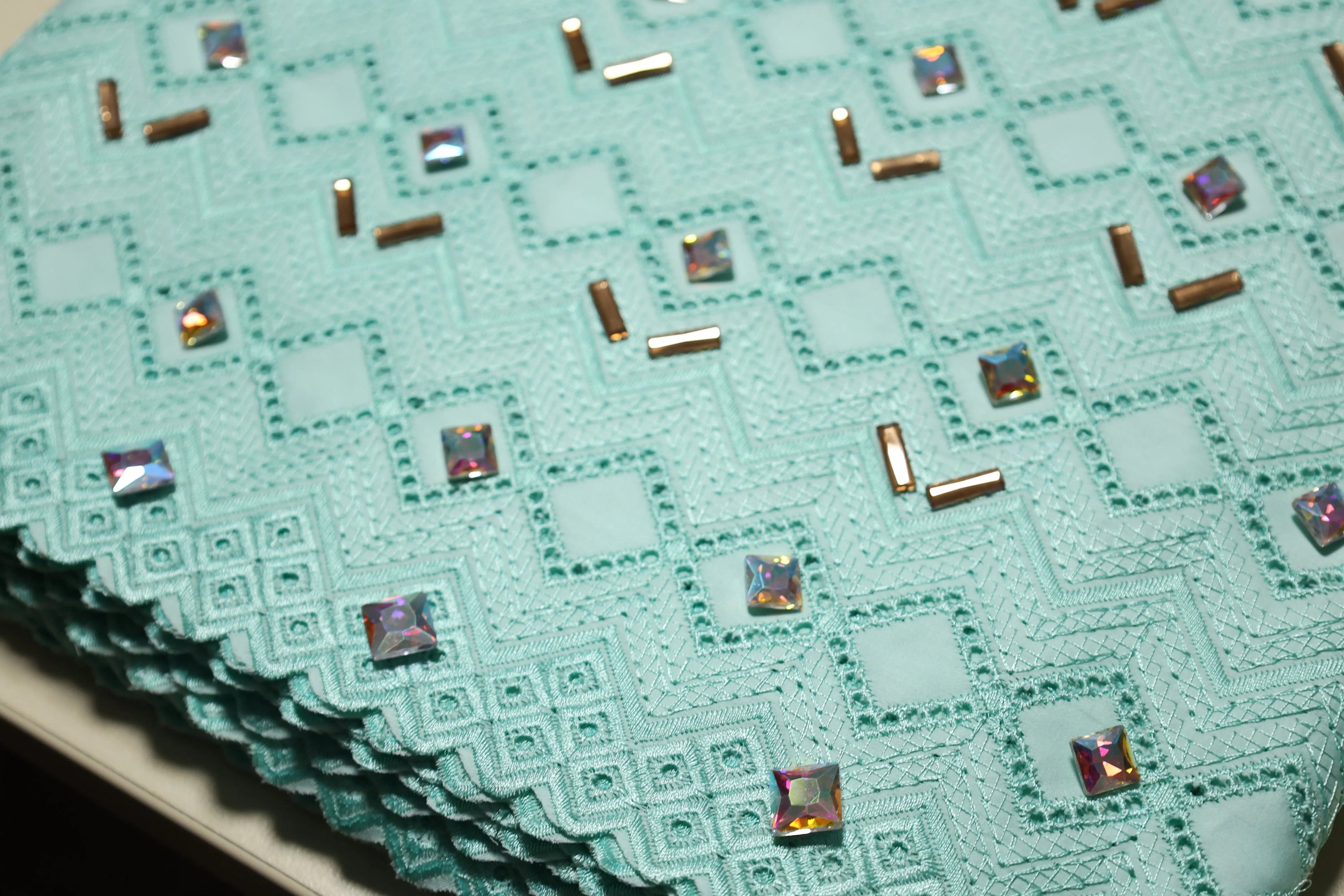 Exclusive Cotton Voile Green Swiss Lace Fabric With Crystal Blazelace