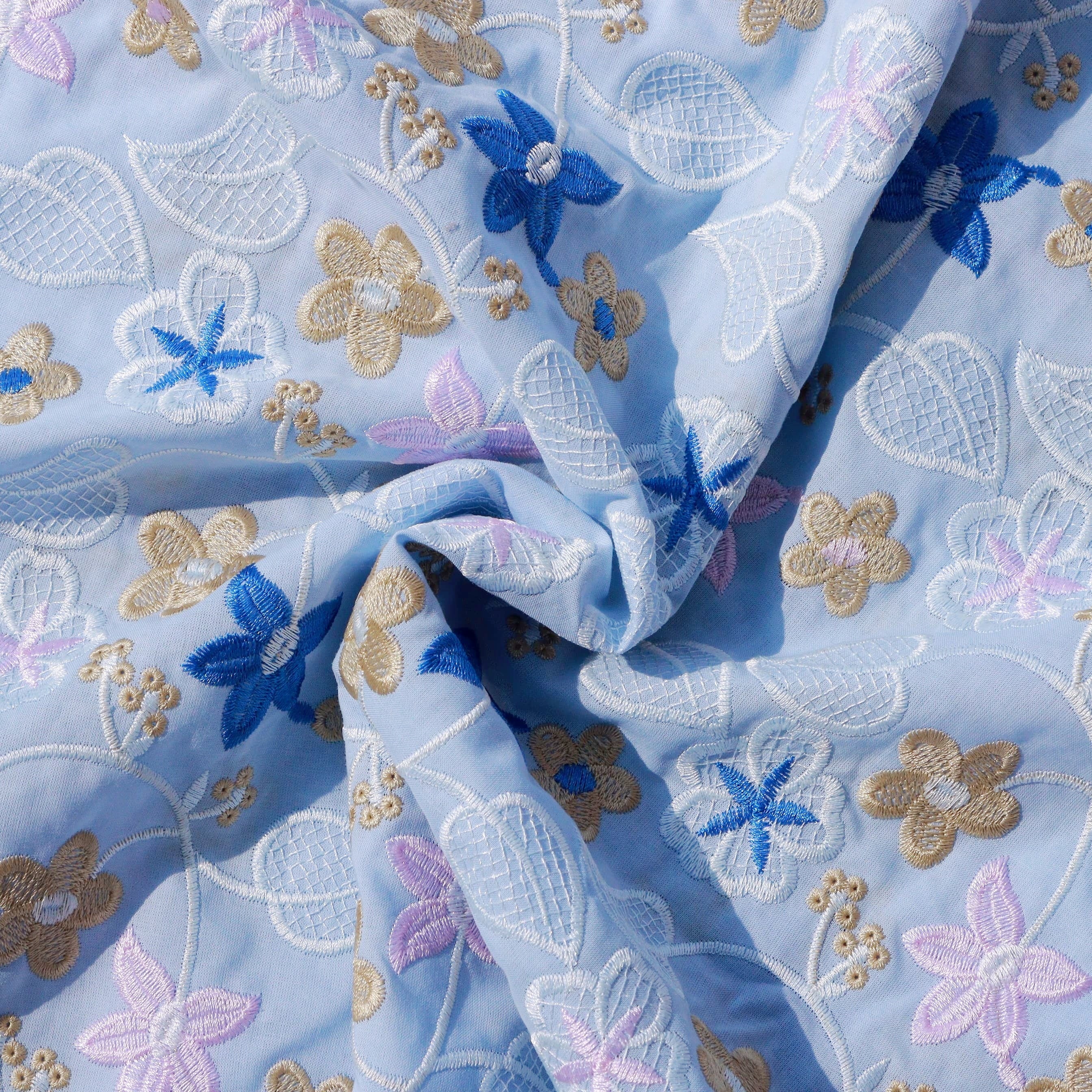 Soft Blue Cotton Voile Swiss Lace Floral Embroidered Guipure Lace Fabric – Perfect for Party & Wedding Blazelace