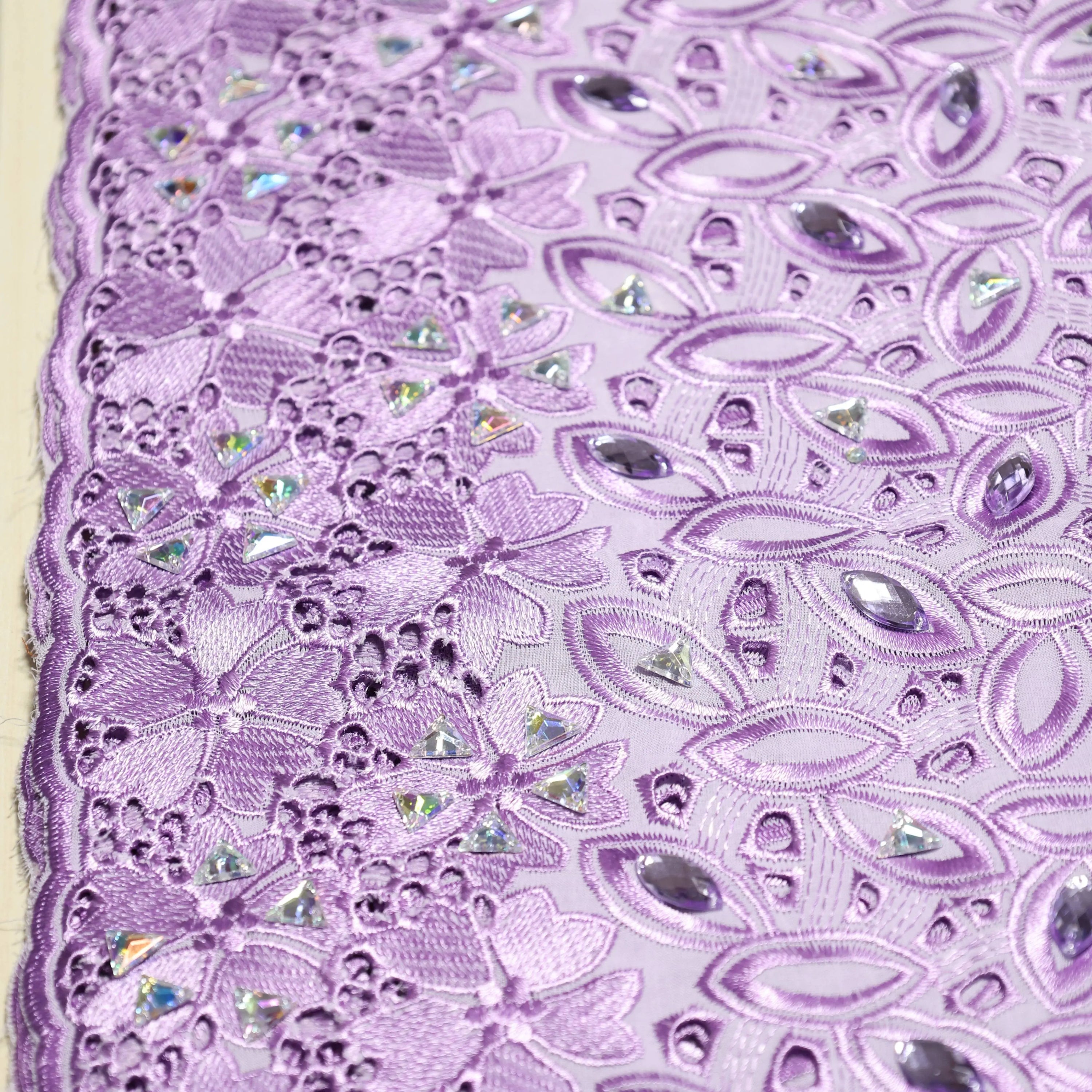 Light purple Cotton Voile Swiss Lace Fabric With Crystal Blazelace