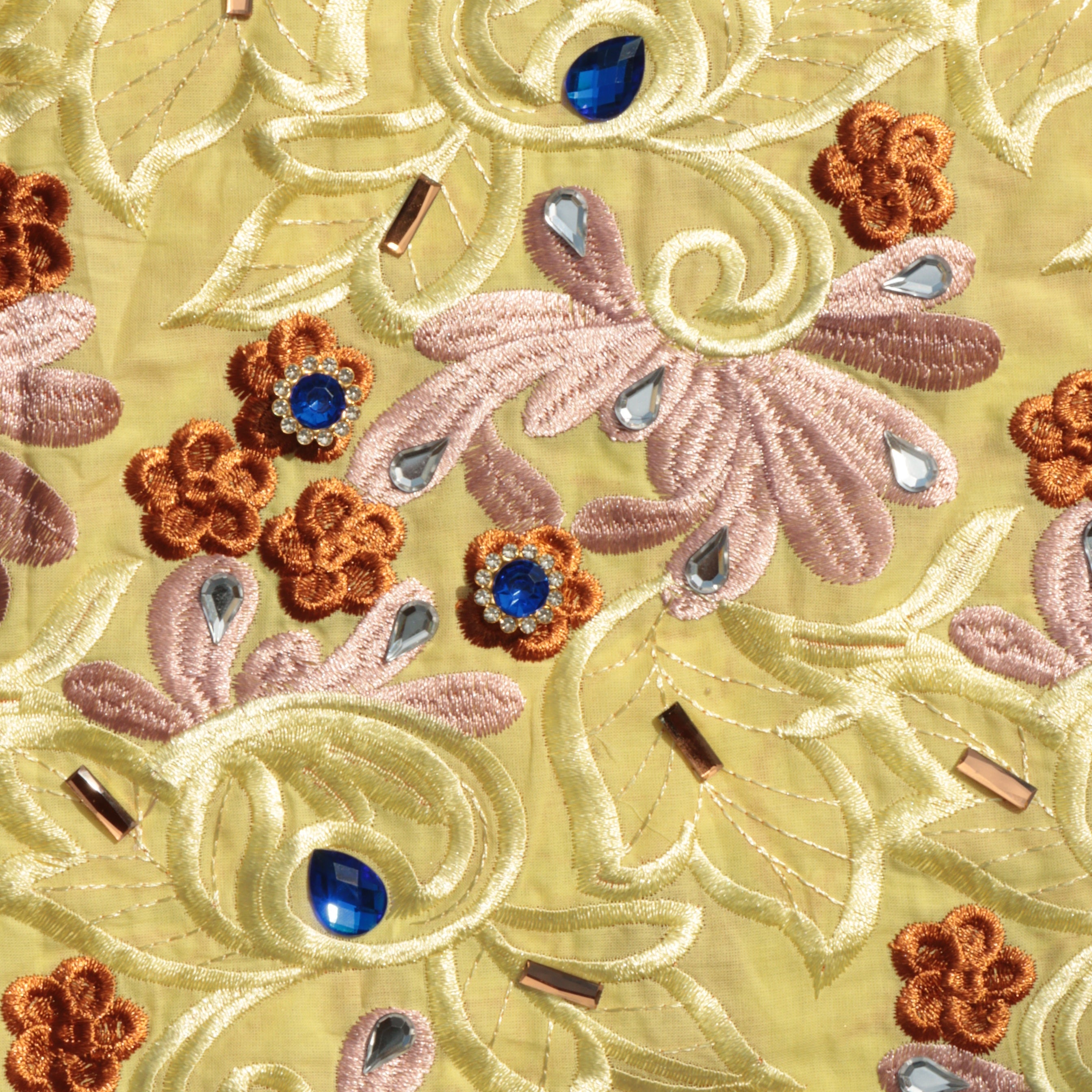 Vibrant Yellow Cotton Voile Swiss Lace Floral Embroidered Beaded Guipure Lace Fabric with Crystal Embellishments – Perfect for Party & Wedding Blazelace