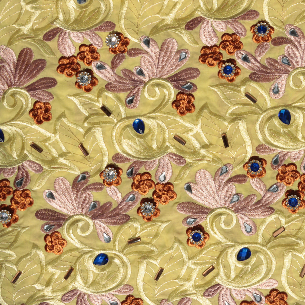 Vibrant Yellow Cotton Voile Swiss Lace Floral Embroidered Beaded Guipure Lace Fabric with Crystal Embellishments – Perfect for Party & Wedding Blazelace