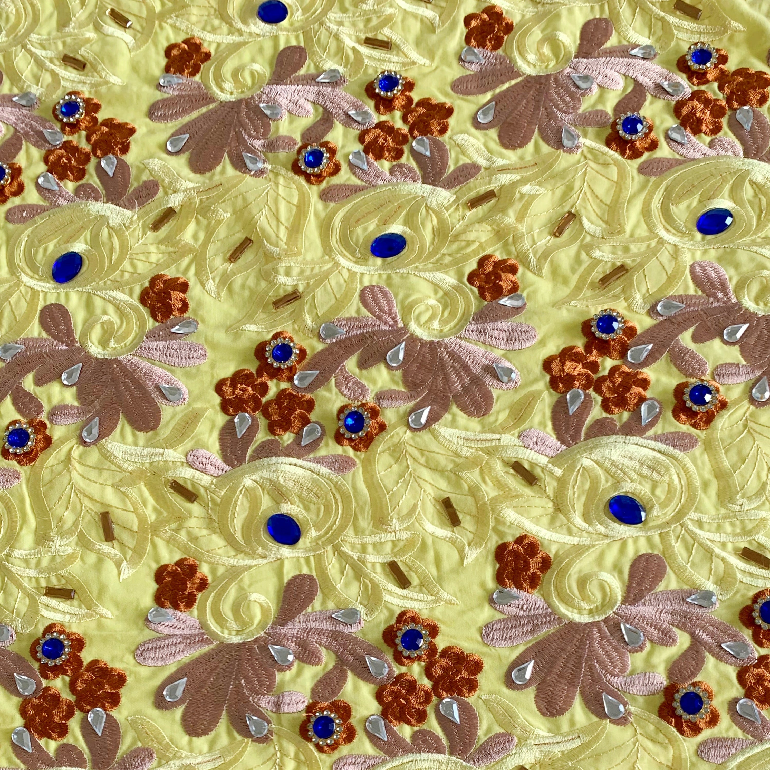Vibrant Yellow Cotton Voile Swiss Lace Floral Embroidered Beaded Guipure Lace Fabric with Crystal Embellishments – Perfect for Party & Wedding Blazelace