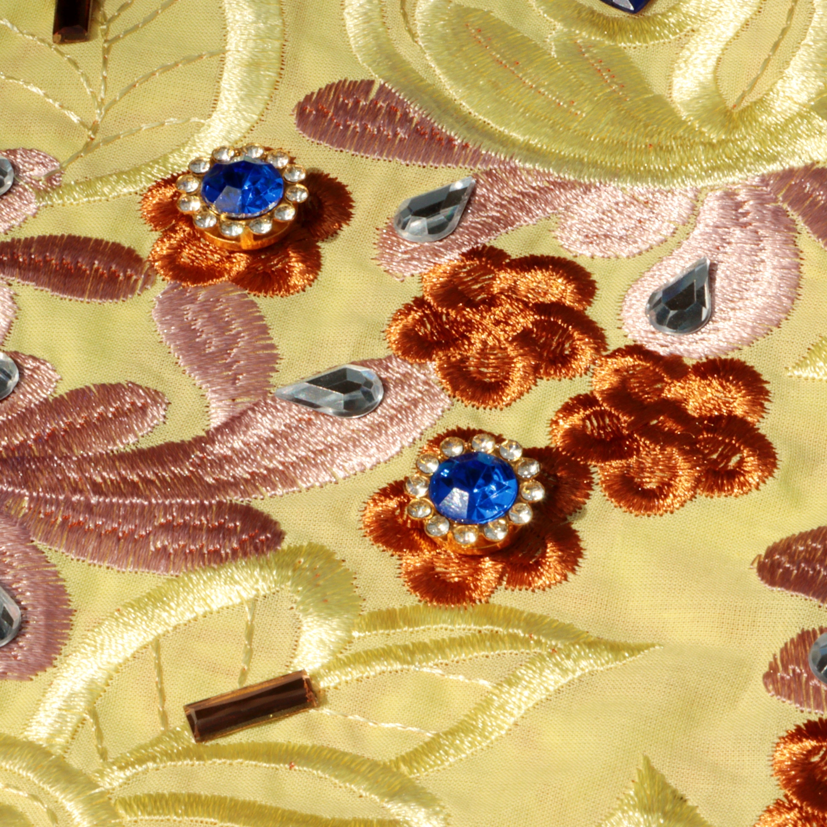 Vibrant Yellow Cotton Voile Swiss Lace Floral Embroidered Beaded Guipure Lace Fabric with Crystal Embellishments – Perfect for Party & Wedding Blazelace